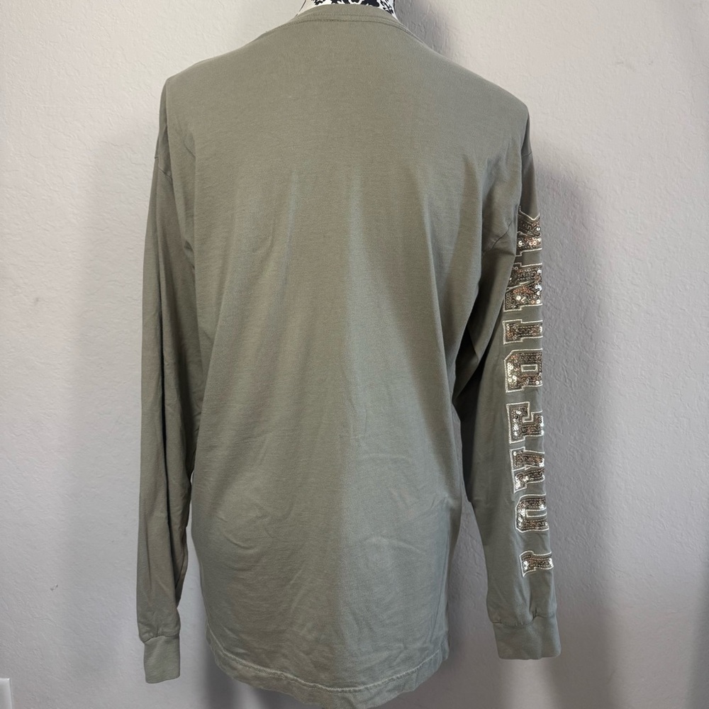Victoria’s Secret PINK Sweatshirt Sz M Army Green Sequin Logo Cotton - Picture 2 of 7